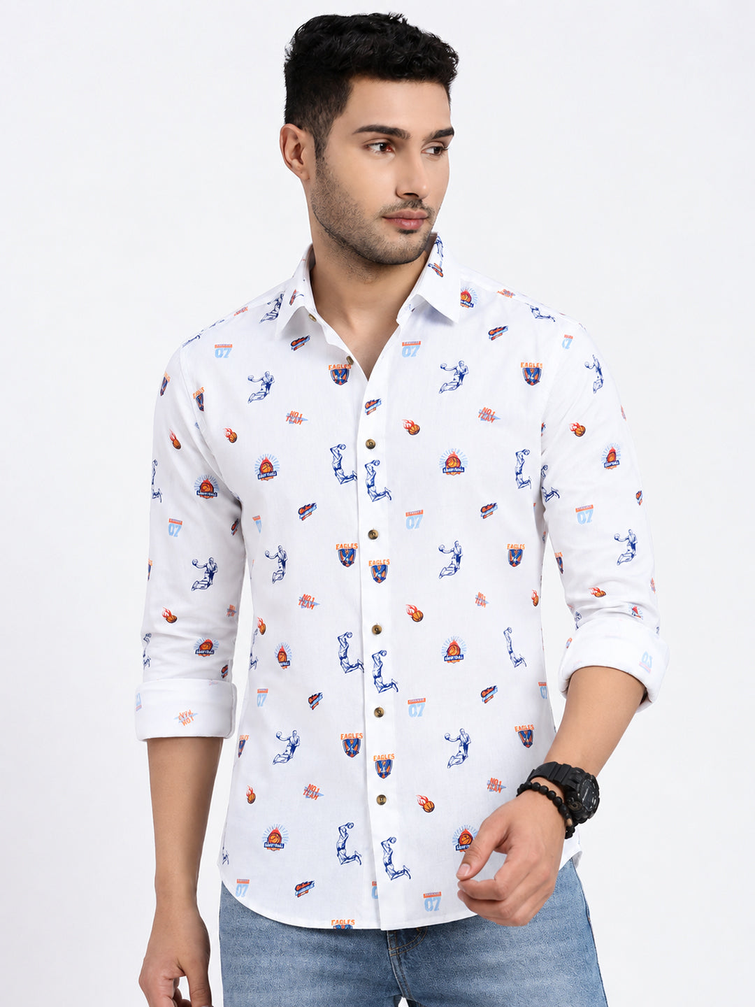 Men’s Graphic Printed White Slim Fit Long Sleeves Casual Shirt