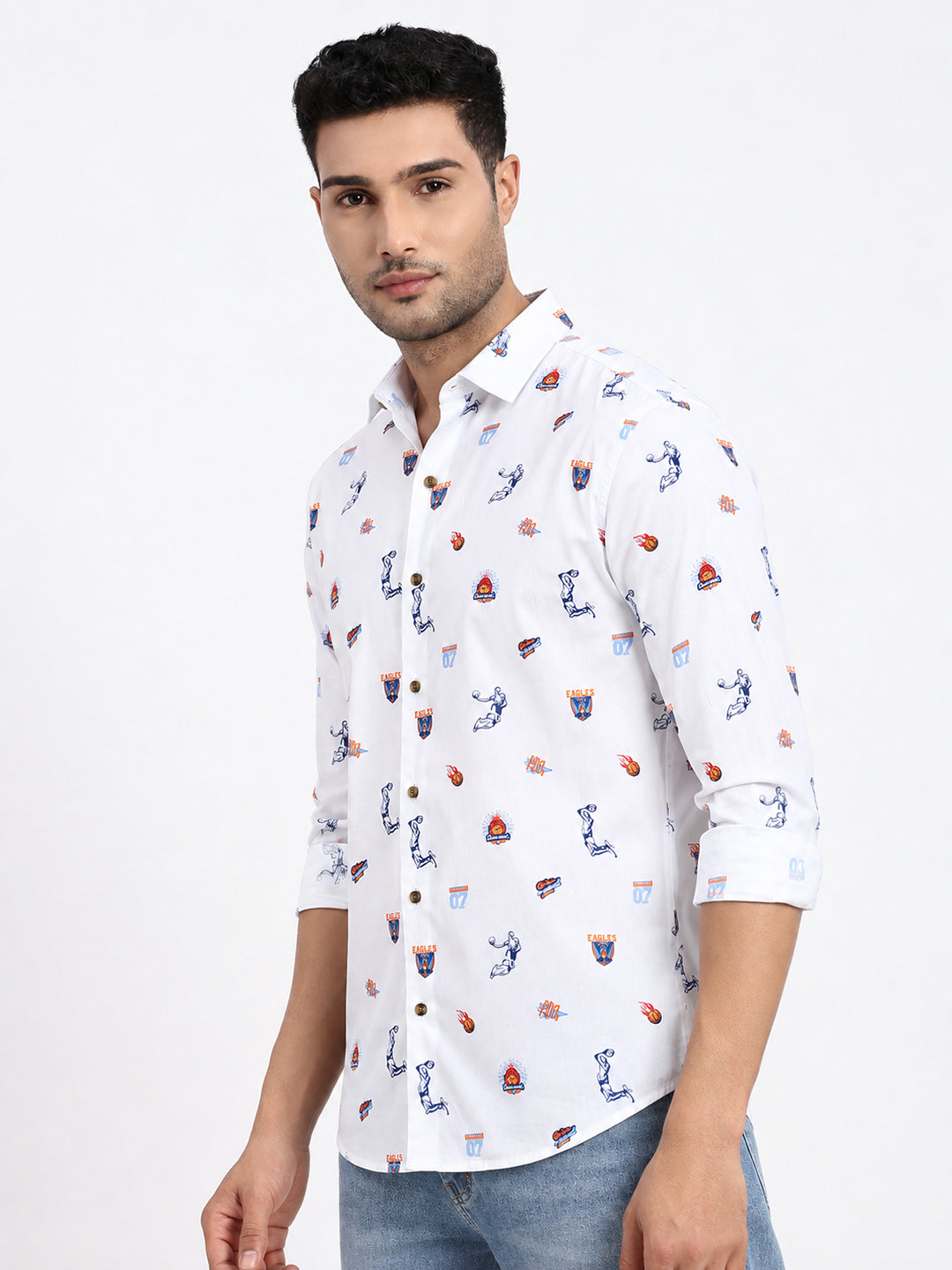 Men’s Graphic Printed White Slim Fit Long Sleeves Casual Shirt