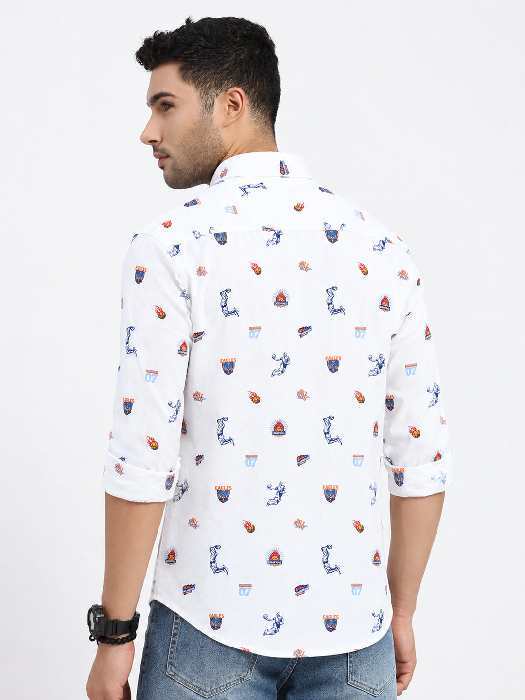 Men’s Graphic Printed White Slim Fit Long Sleeves Casual Shirt