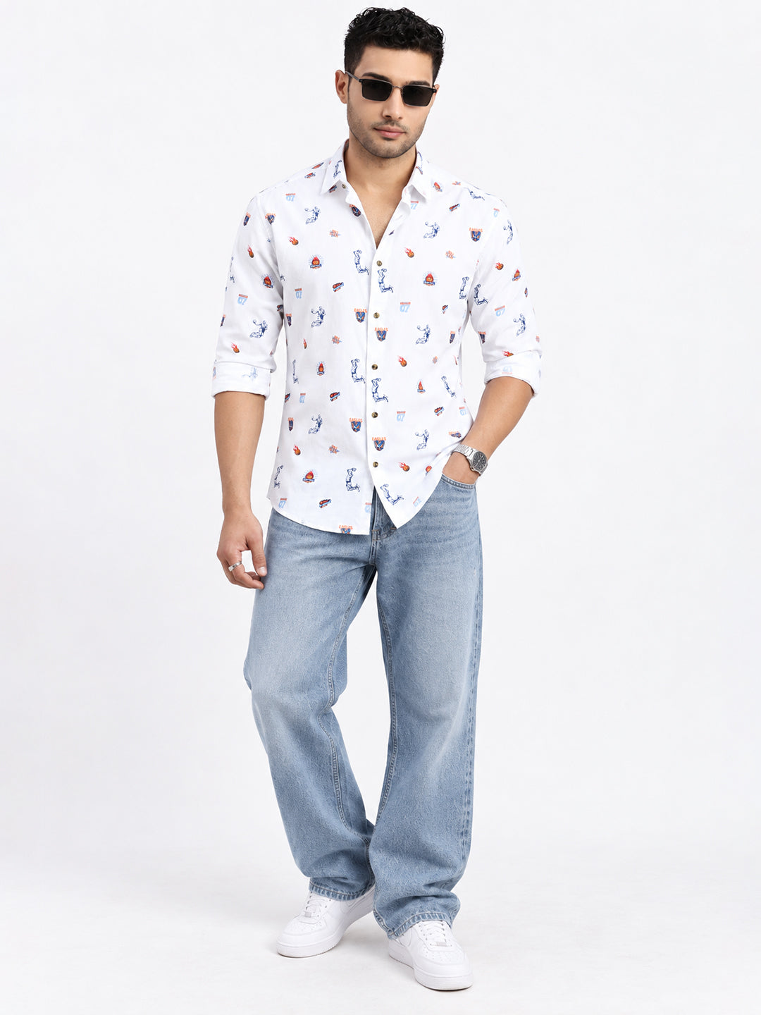 Men’s Graphic Printed White Slim Fit Long Sleeves Casual Shirt