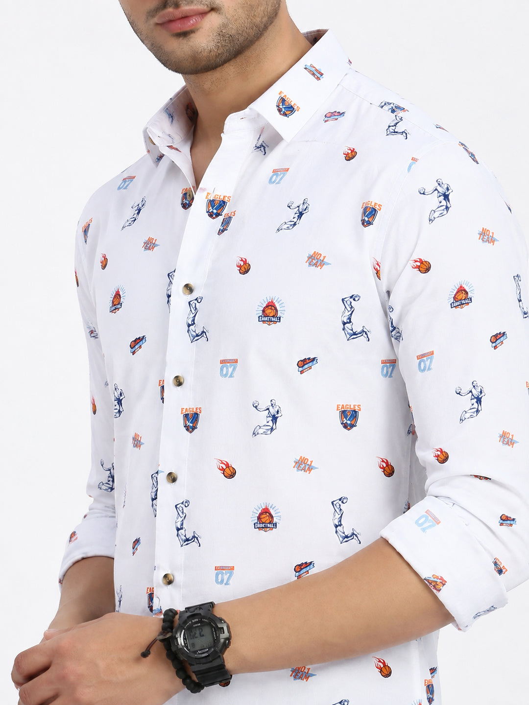 Men’s Graphic Printed White Slim Fit Long Sleeves Casual Shirt