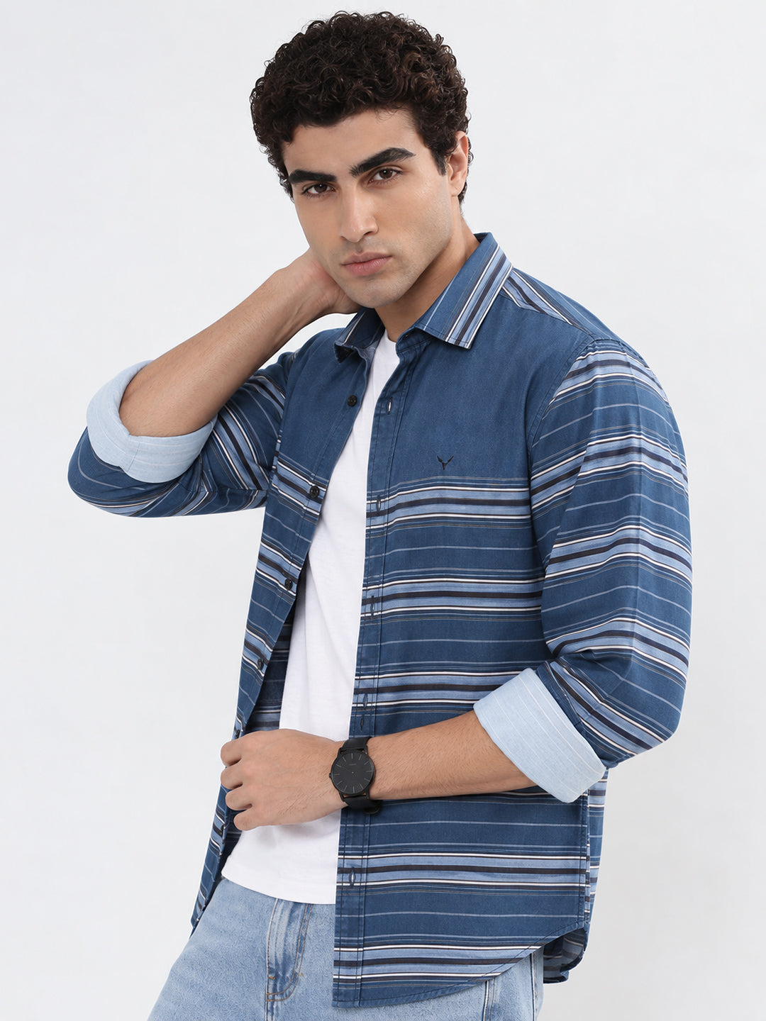 Men’s Horizontal Striped Blue Slim Fit Long Sleeves Casual Shirt