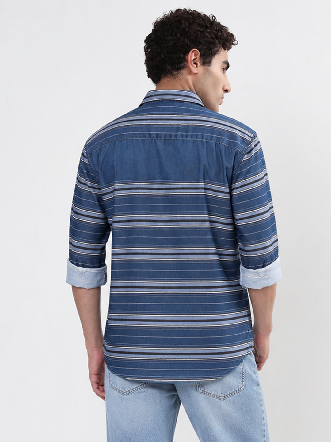 Men’s Horizontal Striped Blue Slim Fit Long Sleeves Casual Shirt