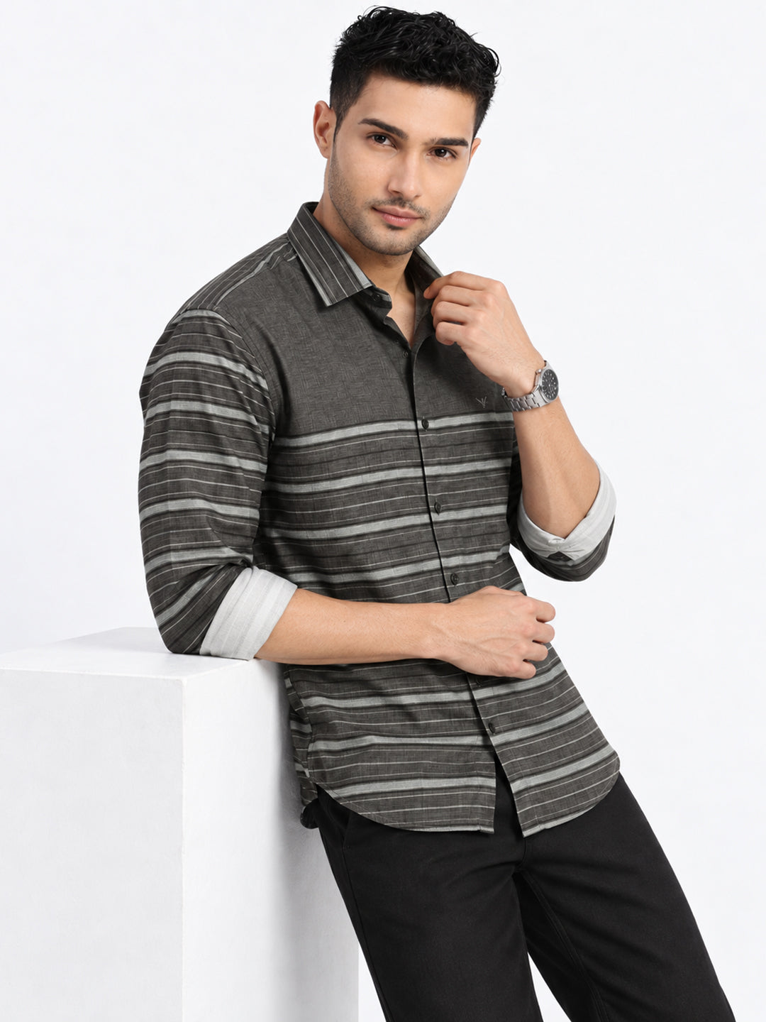Men’s Horizontal Striped Olive Slim Fit Long Sleeves Casual Shirt