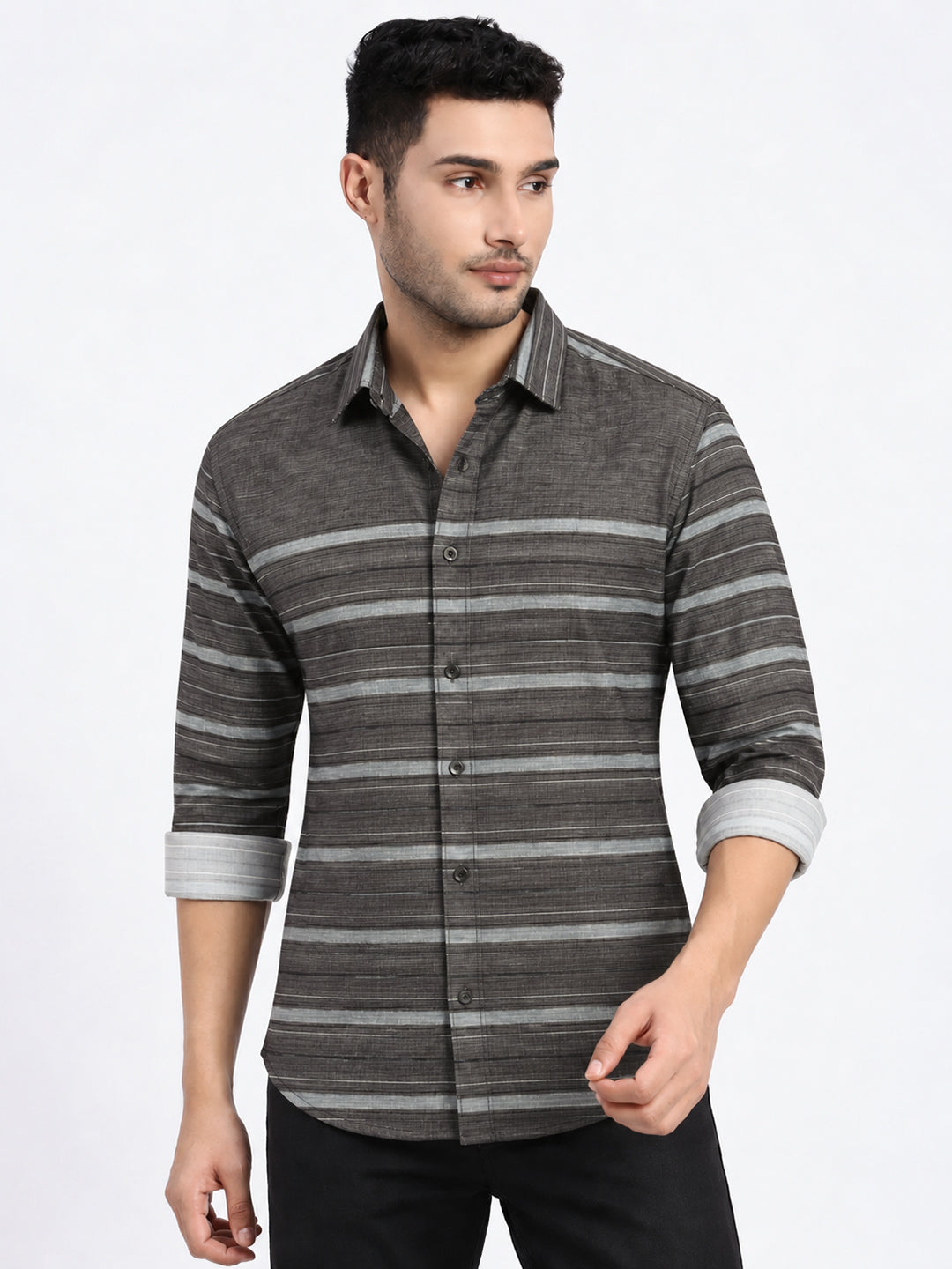 Men’s Horizontal Striped Olive Slim Fit Long Sleeves Casual Shirt