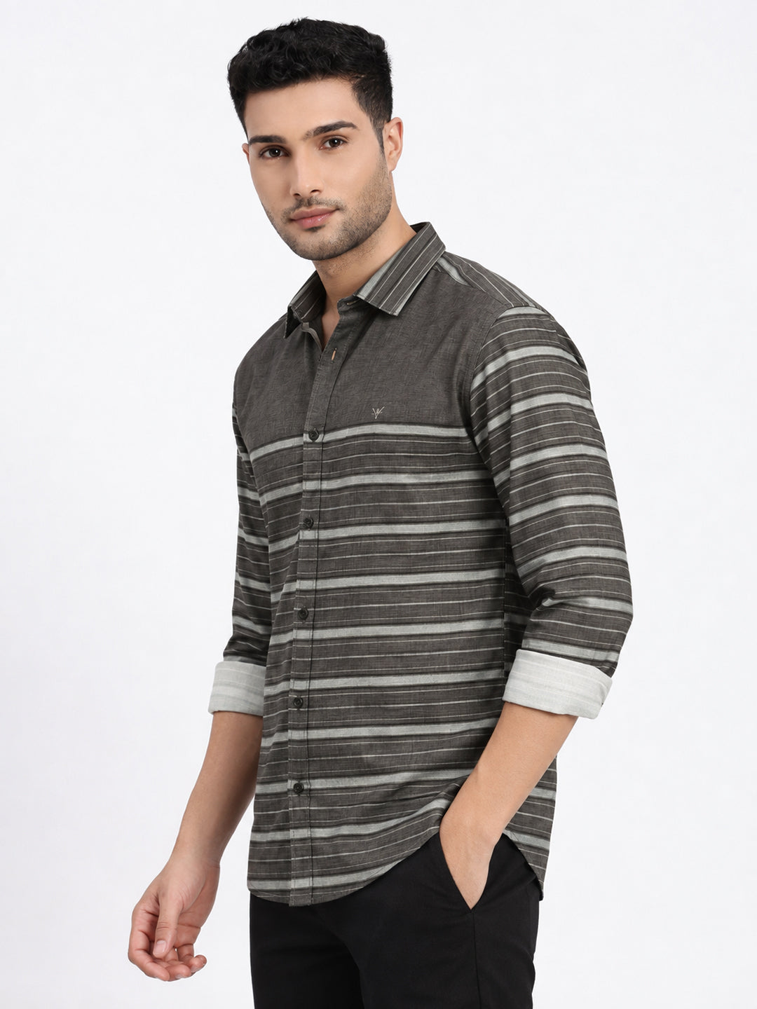 Men’s Horizontal Striped Olive Slim Fit Long Sleeves Casual Shirt