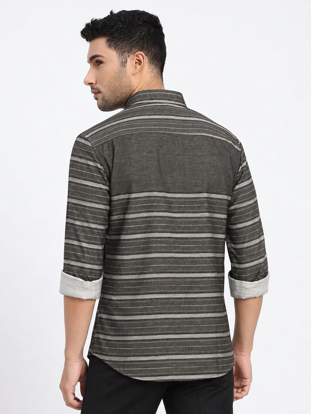 Men’s Horizontal Striped Olive Slim Fit Long Sleeves Casual Shirt