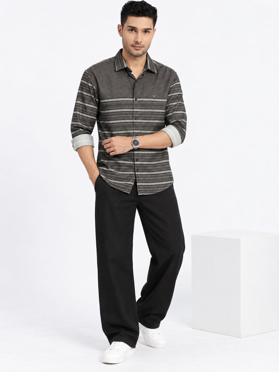 Men’s Horizontal Striped Olive Slim Fit Long Sleeves Casual Shirt