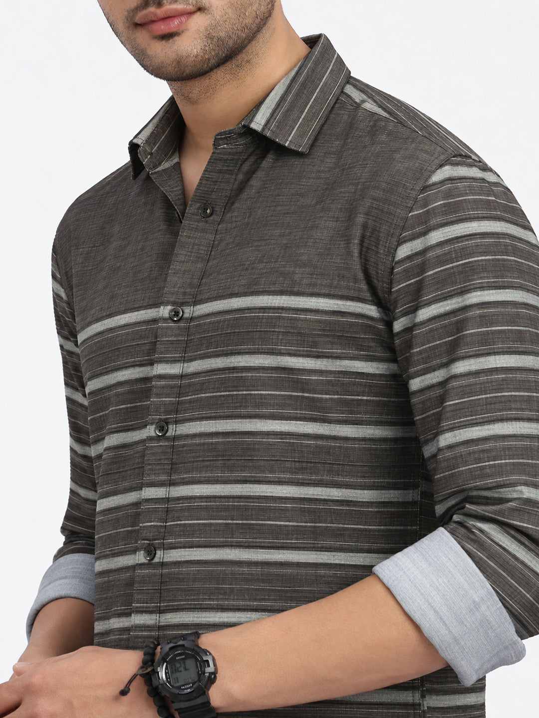Men’s Horizontal Striped Olive Slim Fit Long Sleeves Casual Shirt