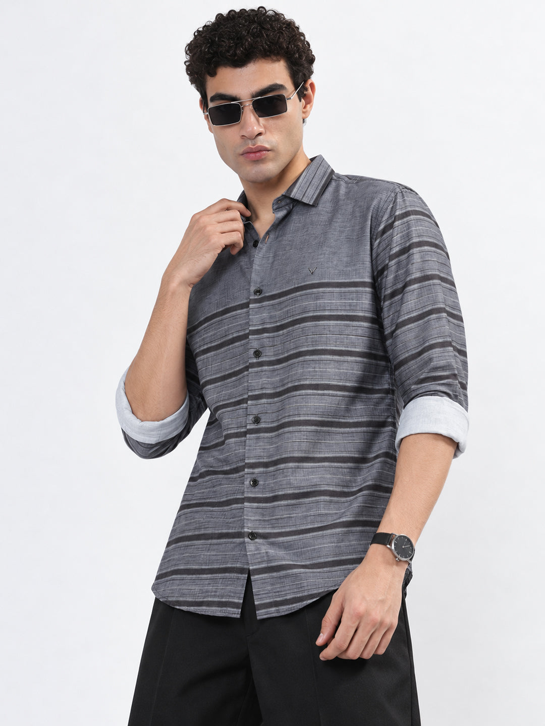 Men’s Horizontal Striped Grey Slim Fit Long Sleeves Casual Shirt