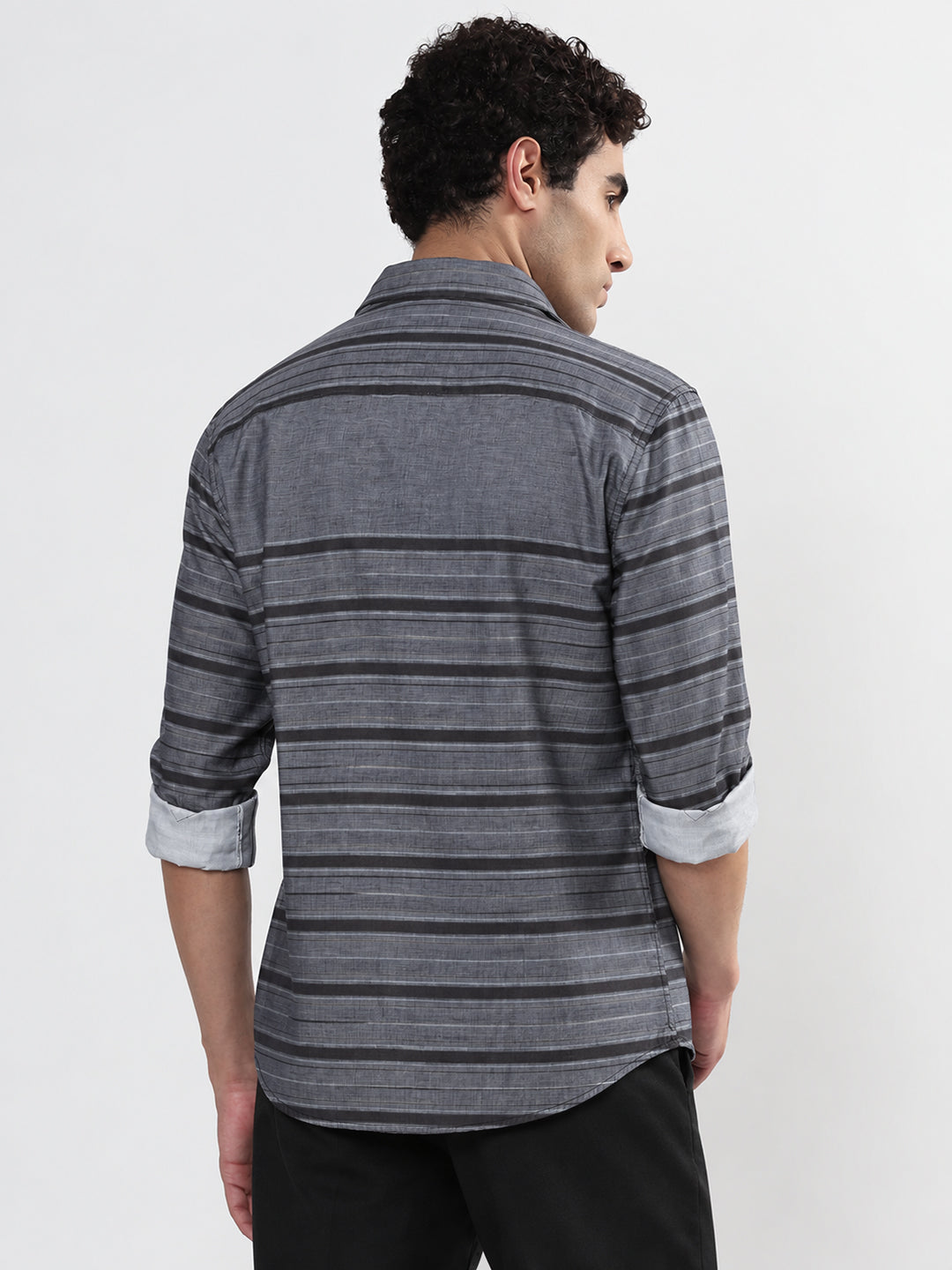 Men’s Horizontal Striped Grey Slim Fit Long Sleeves Casual Shirt