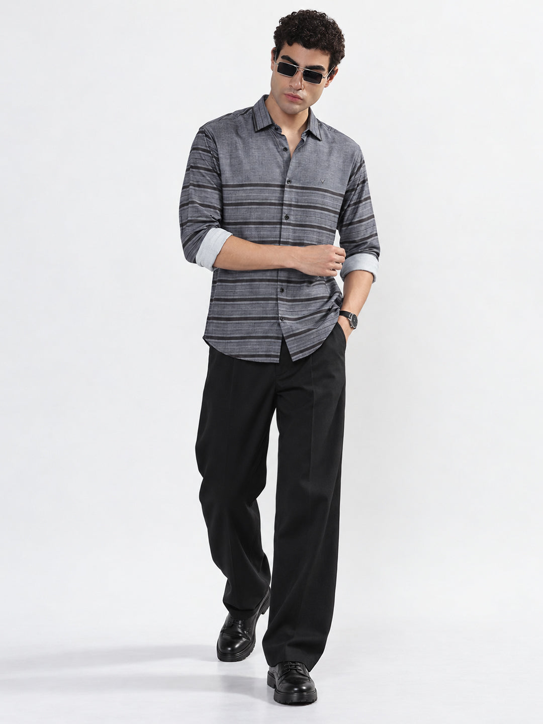 Men’s Horizontal Striped Grey Slim Fit Long Sleeves Casual Shirt