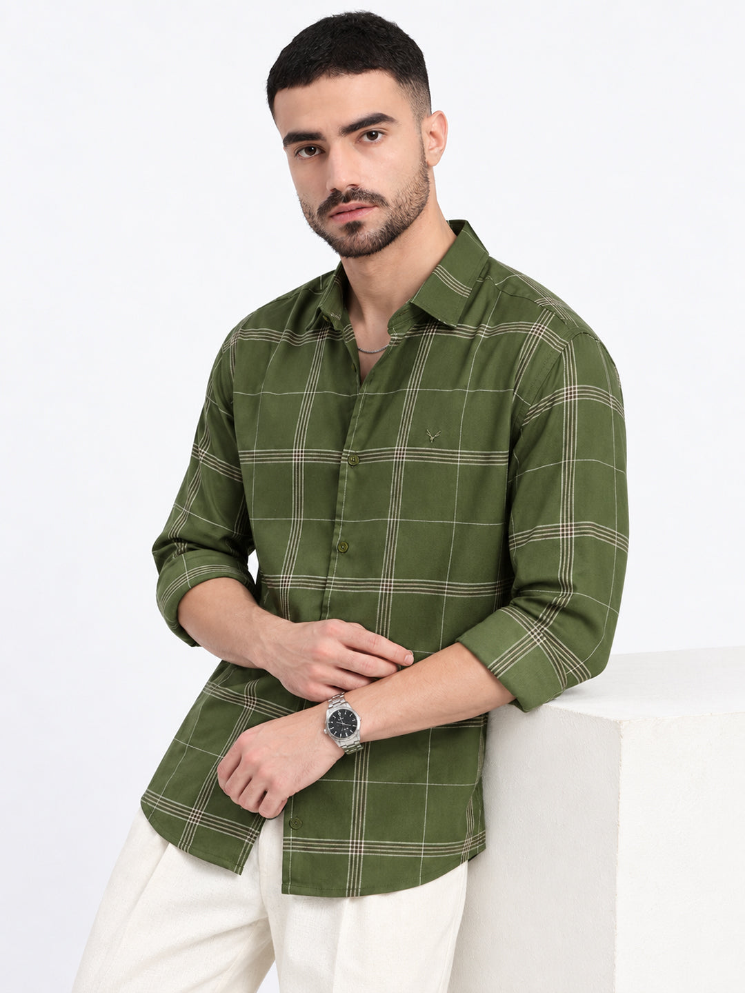 Men’s Windowpane Checked Olive Slim Fit Long Sleeves Casual Shirt