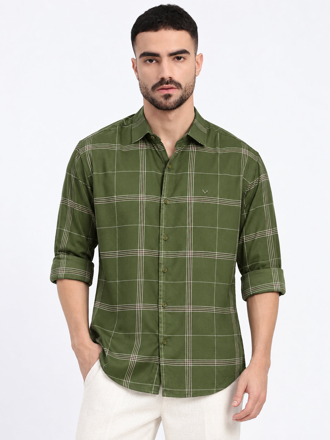 Men’s Windowpane Checked Olive Slim Fit Long Sleeves Casual Shirt
