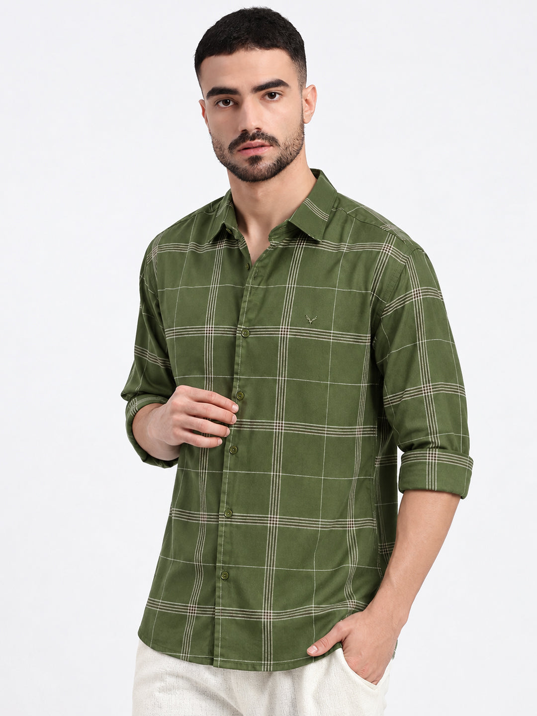 Men’s Windowpane Checked Olive Slim Fit Long Sleeves Casual Shirt