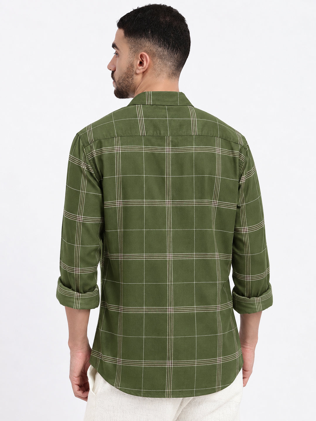 Men’s Windowpane Checked Olive Slim Fit Long Sleeves Casual Shirt