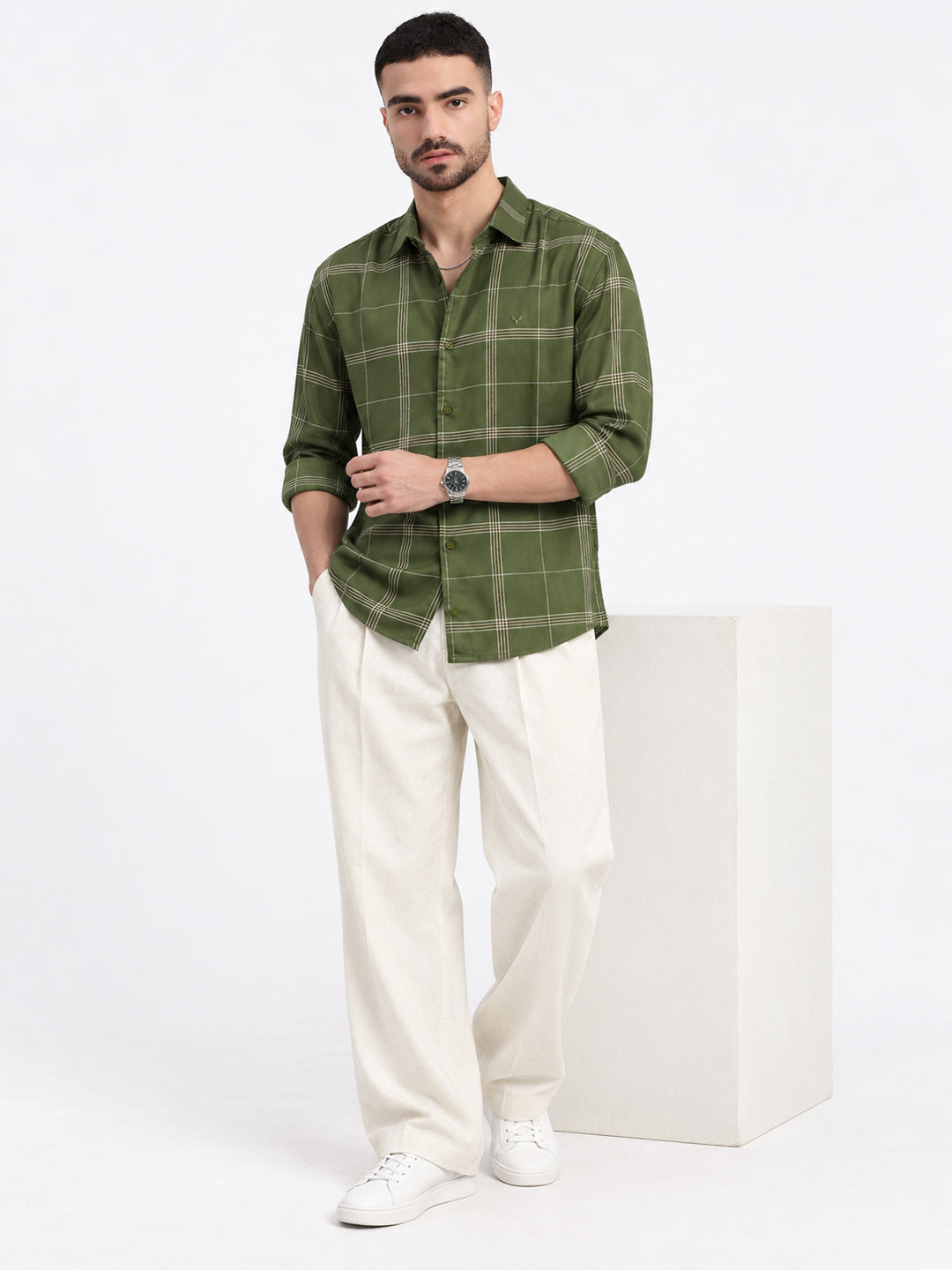 Men’s Windowpane Checked Olive Slim Fit Long Sleeves Casual Shirt
