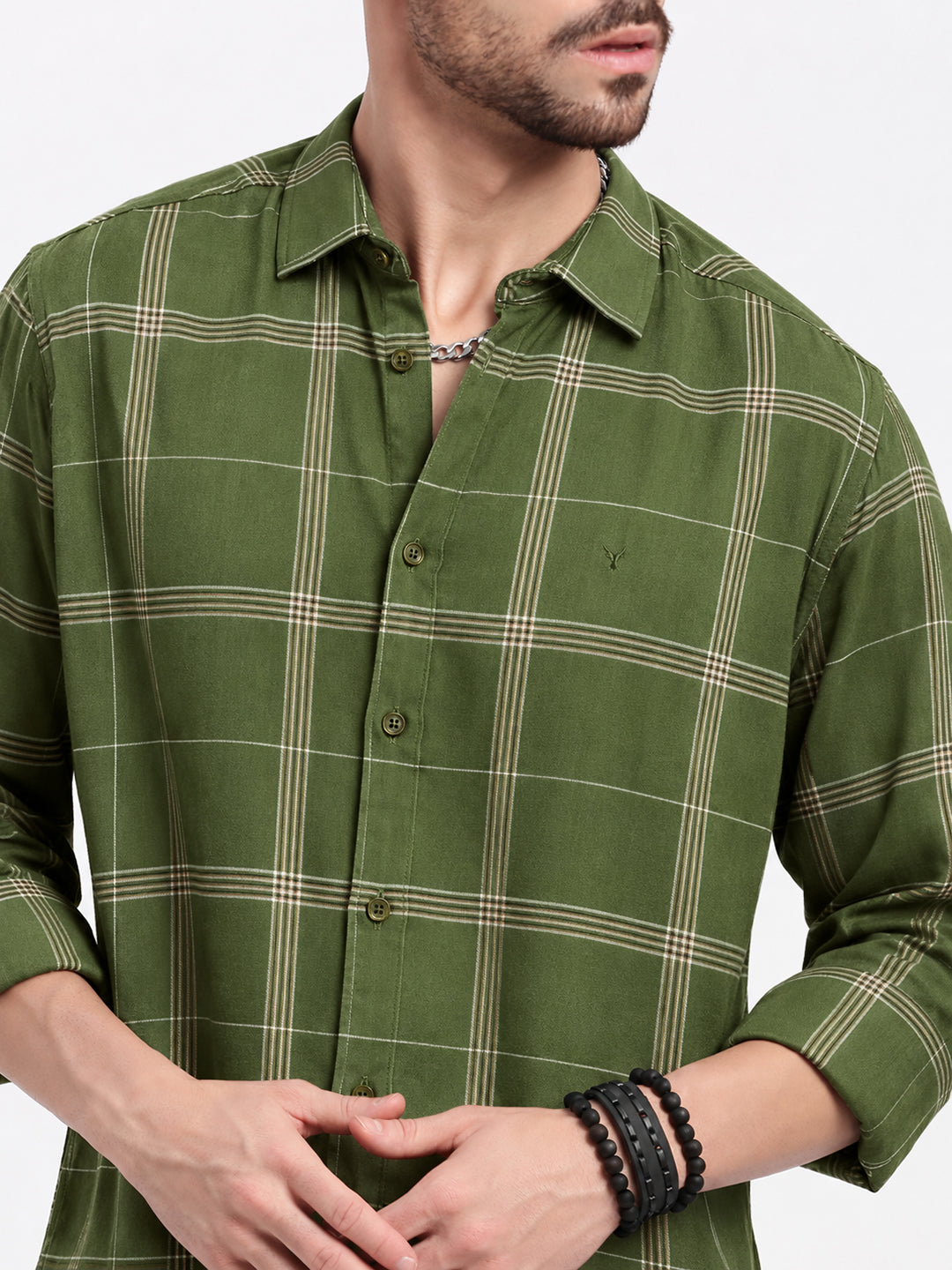 Men’s Windowpane Checked Olive Slim Fit Long Sleeves Casual Shirt