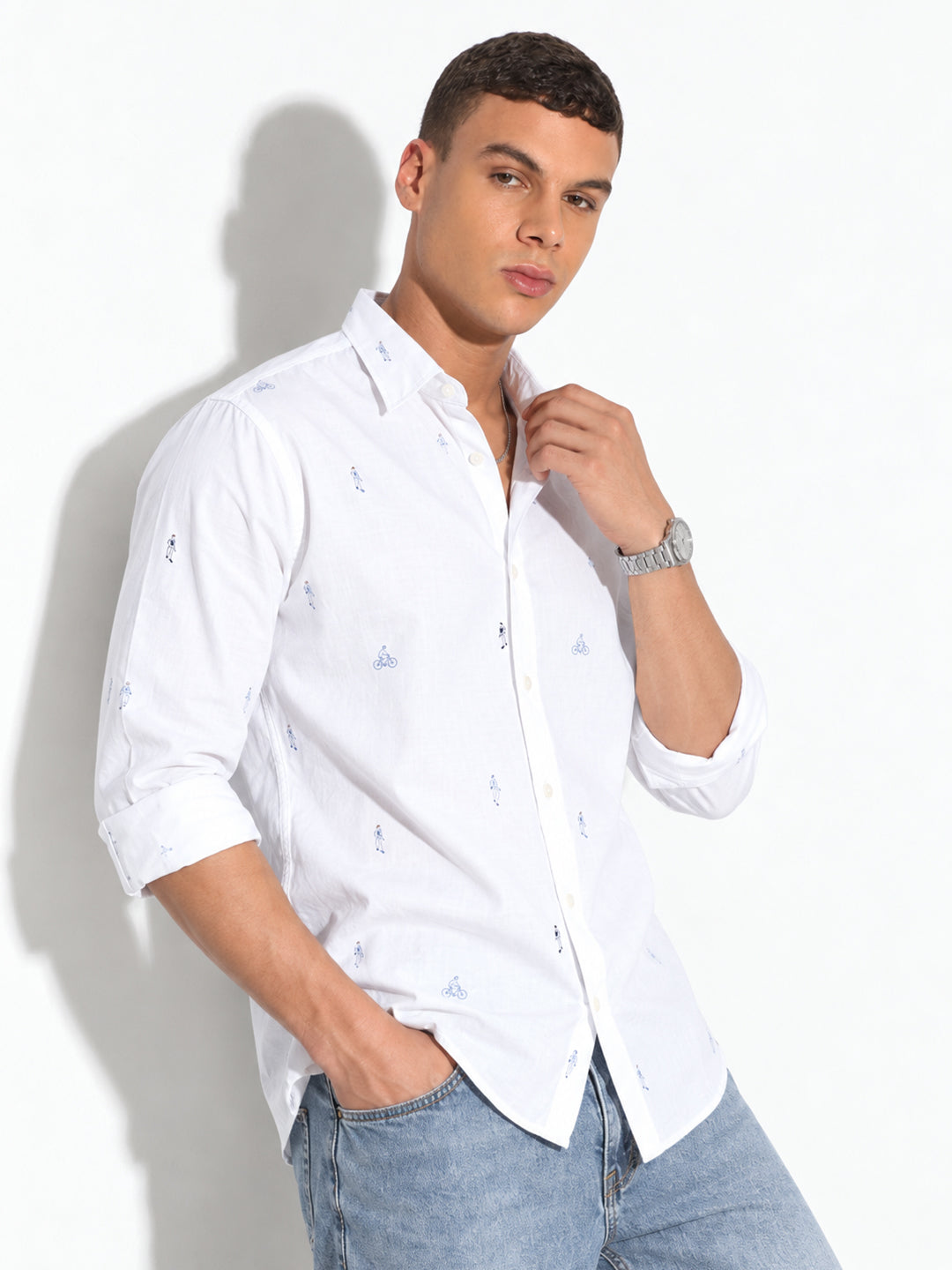 Men’s Printed White Slim Fit Long Sleeves Casual Shirt