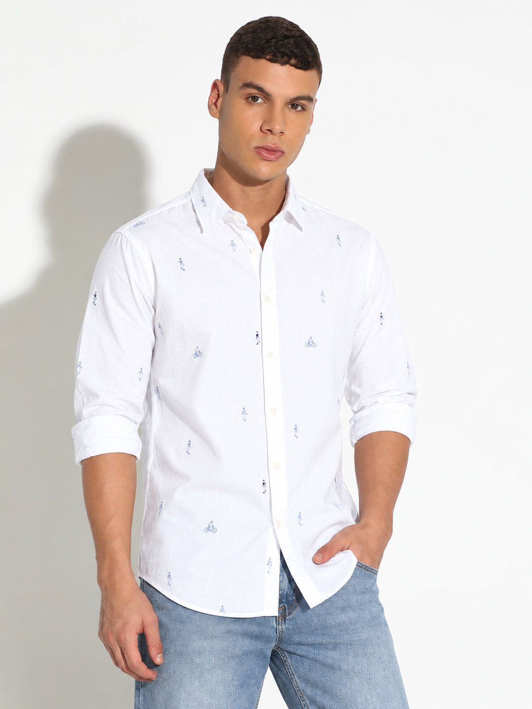 Men’s Printed White Slim Fit Long Sleeves Casual Shirt