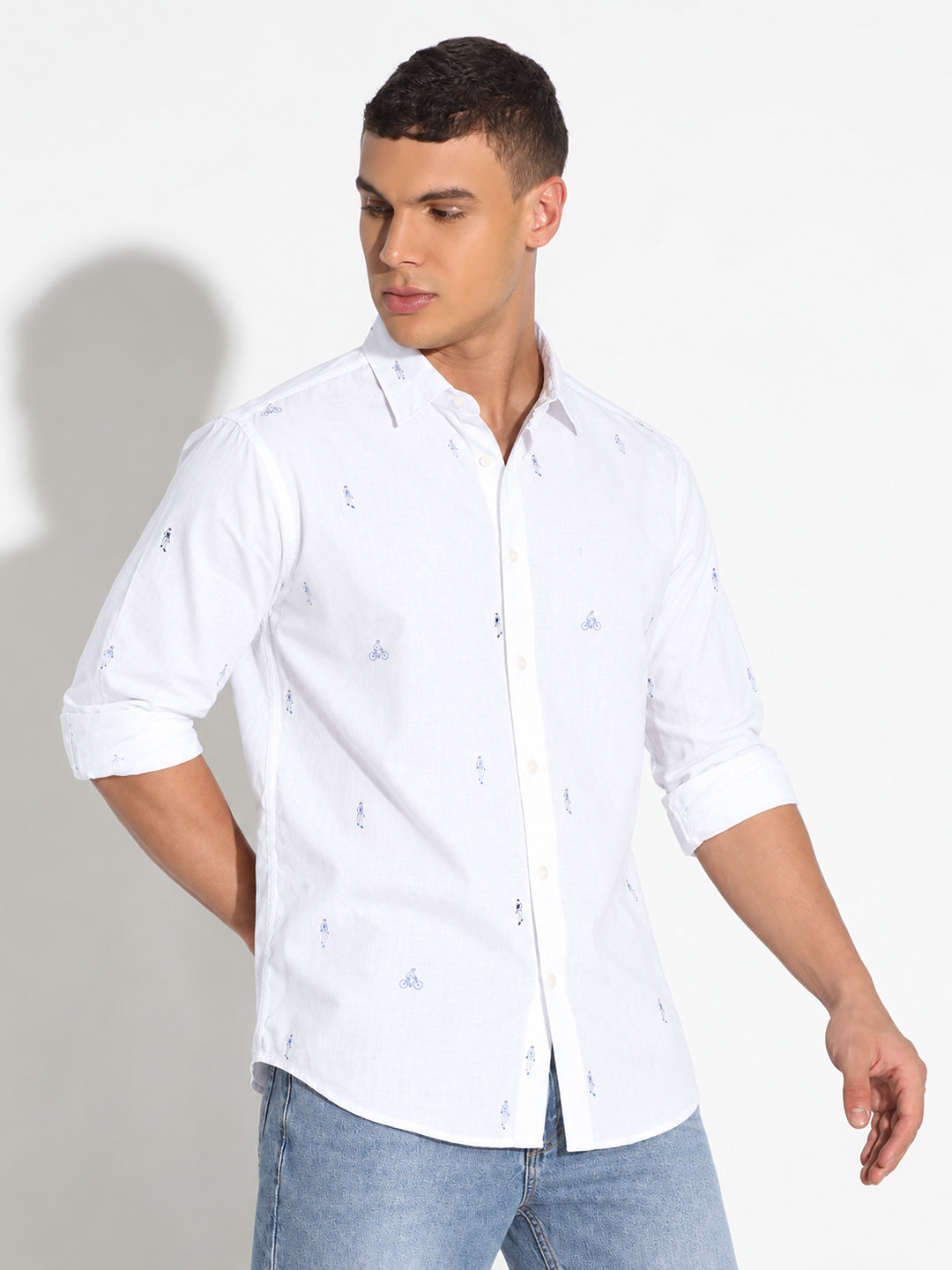 Men’s Printed White Slim Fit Long Sleeves Casual Shirt