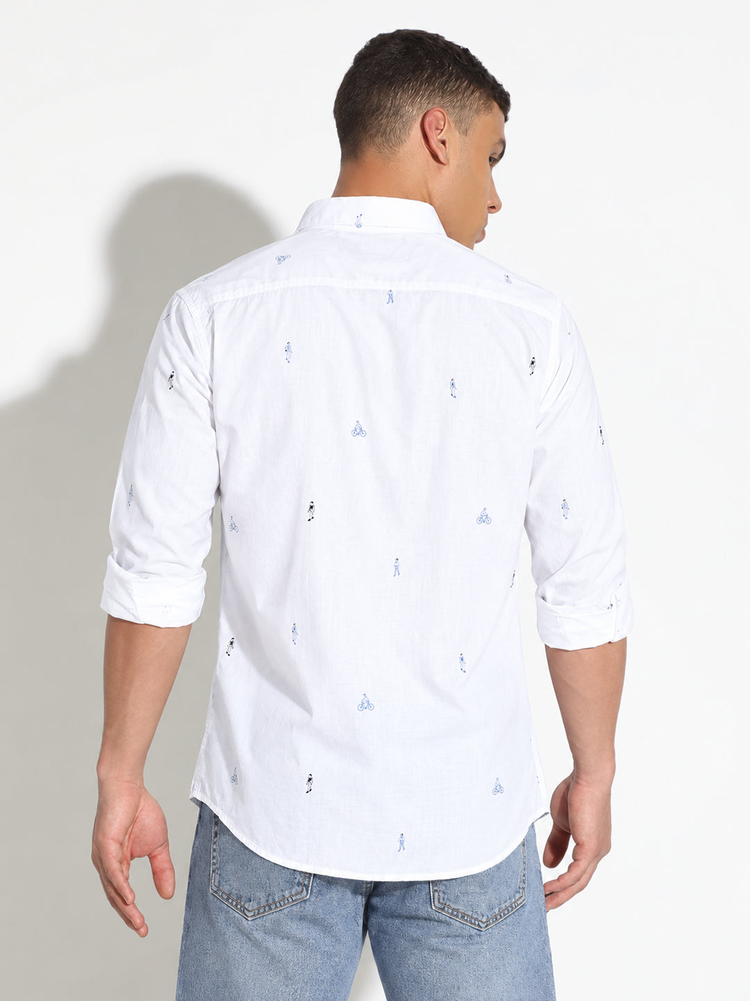 Men’s Printed White Slim Fit Long Sleeves Casual Shirt