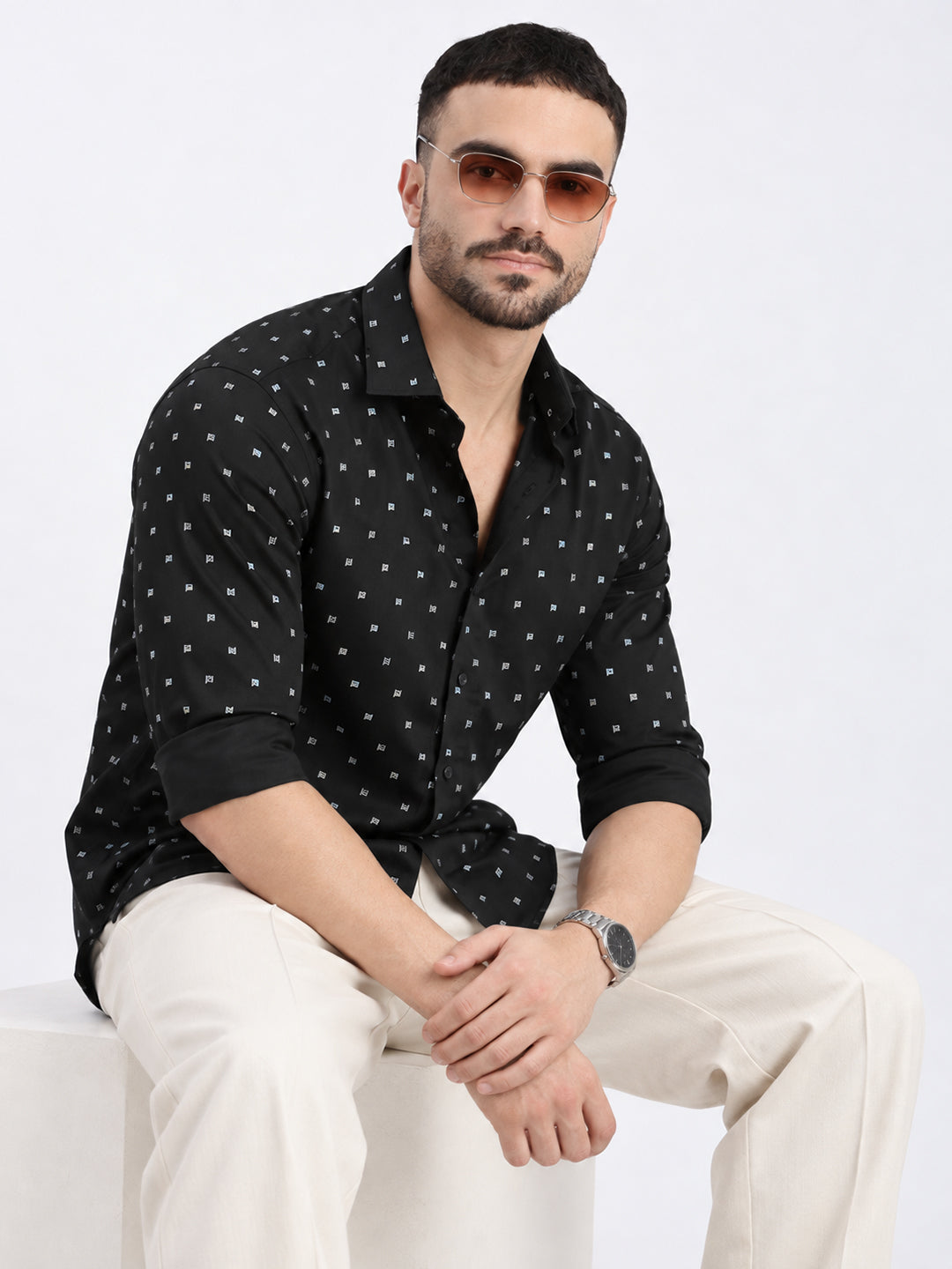 Men’s Micro Geometric Printed Black Slim Fit Long Sleeves Shirt