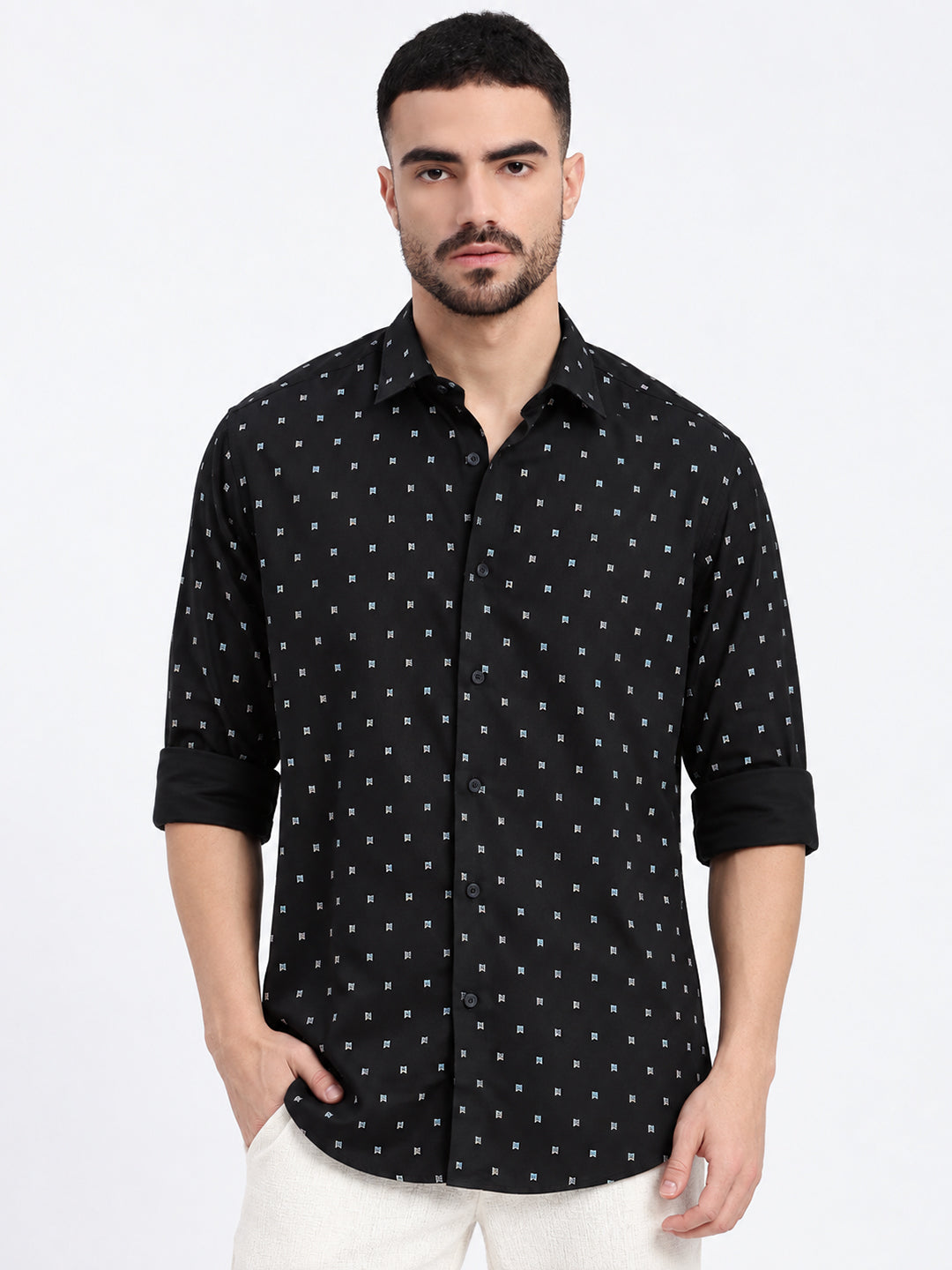 Men’s Micro Geometric Printed Black Slim Fit Long Sleeves Shirt