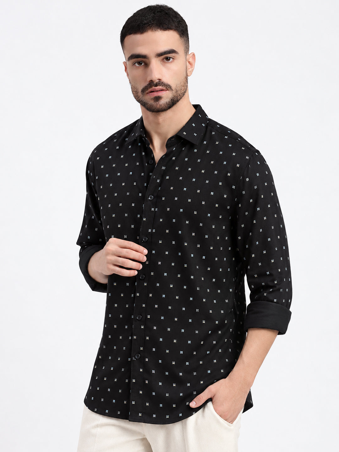 Men’s Micro Geometric Printed Black Slim Fit Long Sleeves Shirt
