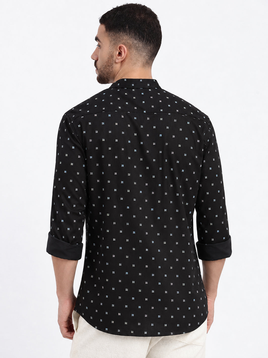 Men’s Micro Geometric Printed Black Slim Fit Long Sleeves Shirt