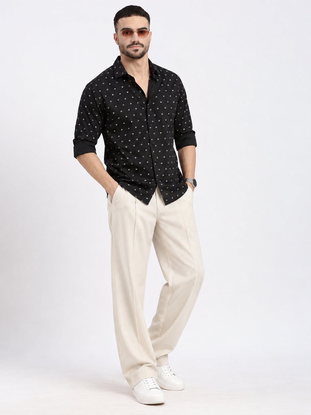 Men’s Micro Geometric Printed Black Slim Fit Long Sleeves Shirt