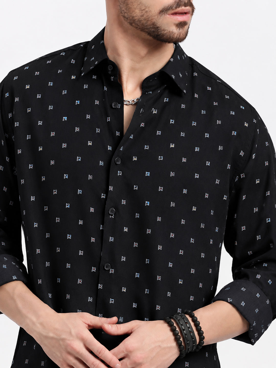 Men’s Micro Geometric Printed Black Slim Fit Long Sleeves Shirt