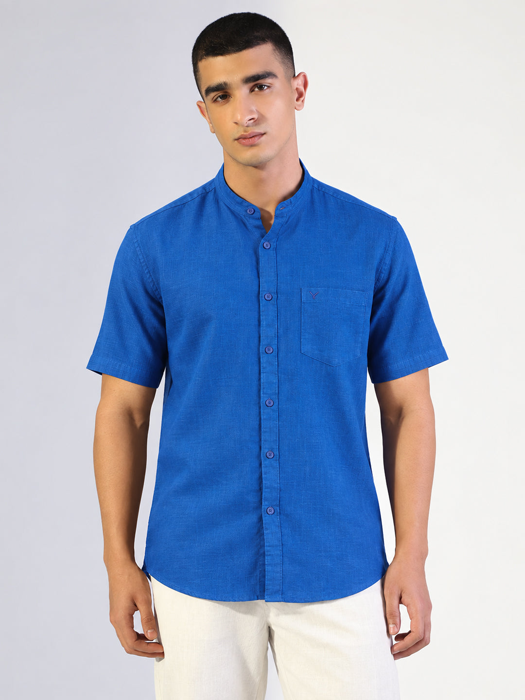 Men’s Blue Regular Fit Mandarin Collar Short Sleeves Shirt with Chest Pocket