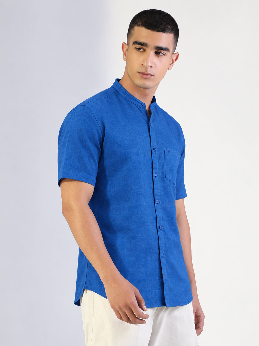 Men’s Blue Regular Fit Mandarin Collar Short Sleeves Shirt with Chest Pocket