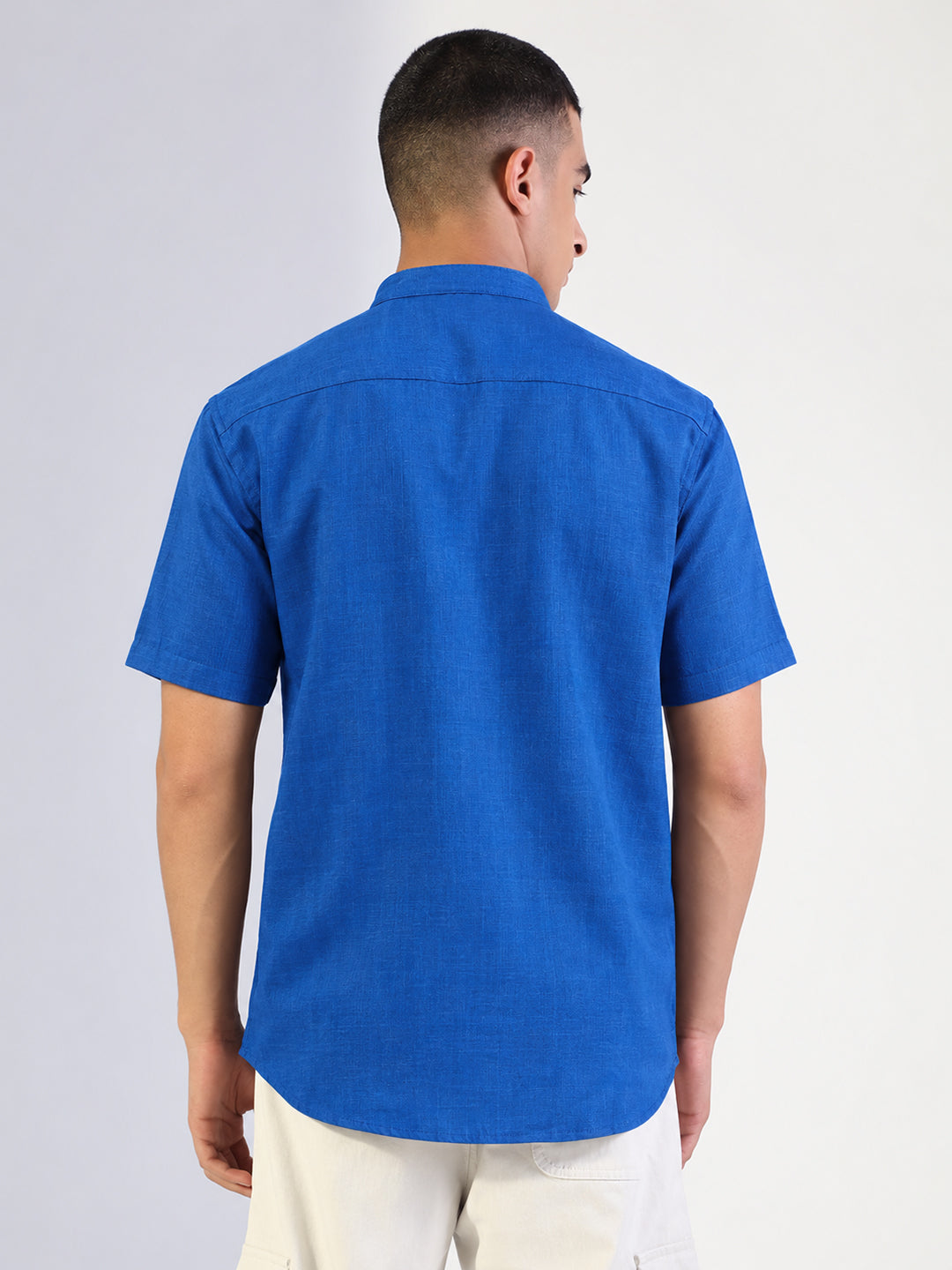 Men’s Blue Regular Fit Mandarin Collar Short Sleeves Shirt with Chest Pocket