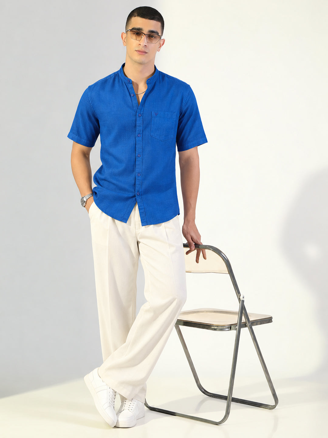 Men’s Blue Regular Fit Mandarin Collar Short Sleeves Shirt with Chest Pocket