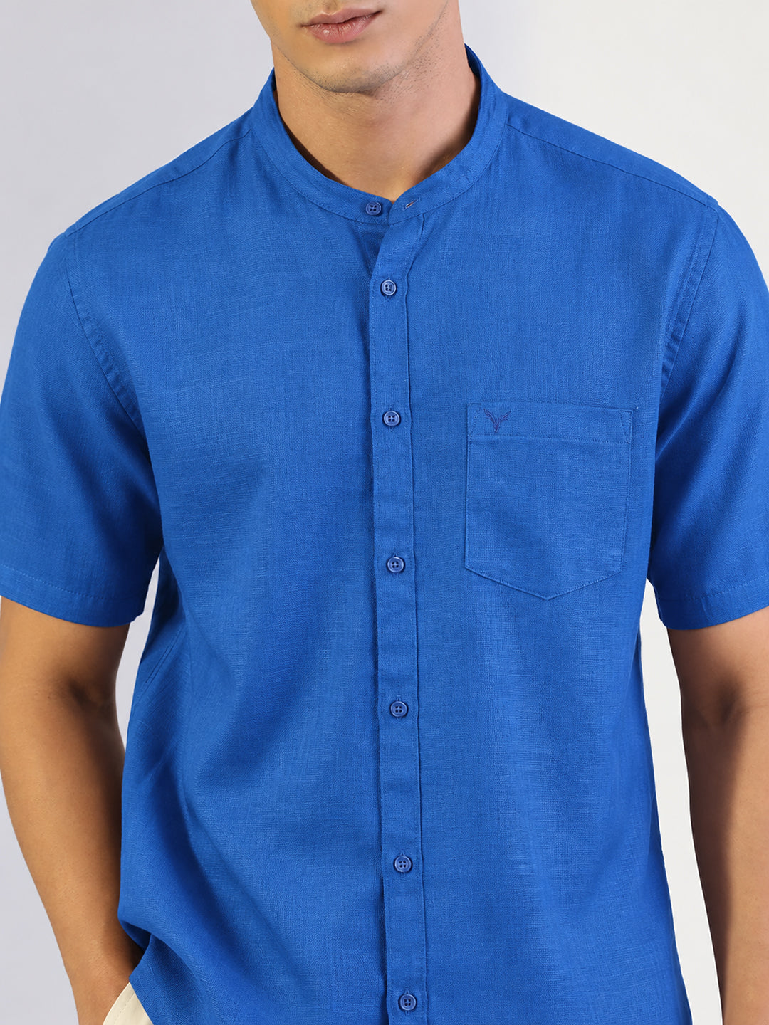 Men’s Blue Regular Fit Mandarin Collar Short Sleeves Shirt with Chest Pocket