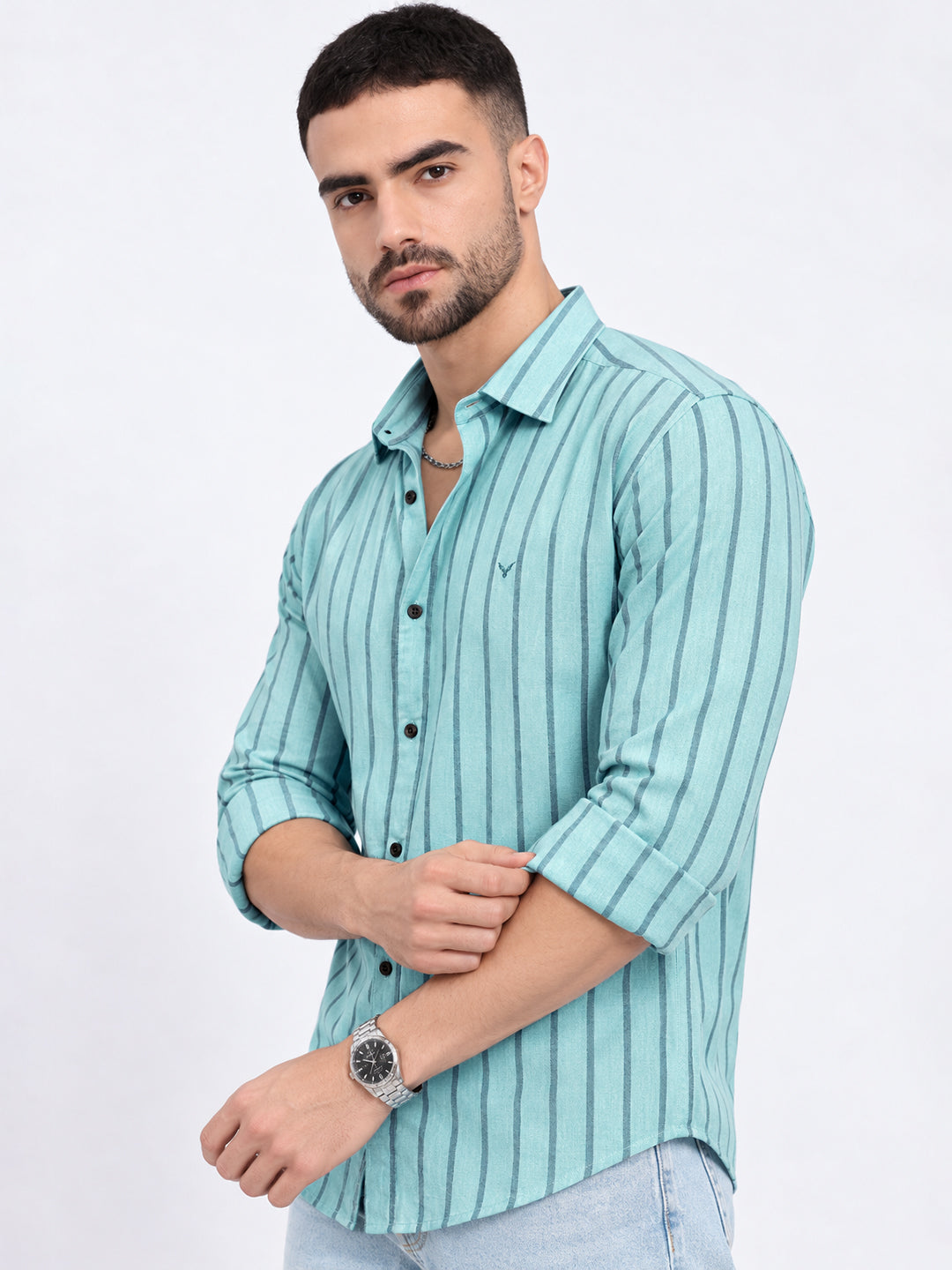 Men’s Vertical Striped Blue Slim Fit Long Sleeves Shirt