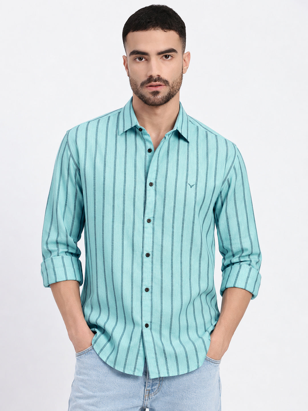 Men’s Vertical Striped Blue Slim Fit Long Sleeves Shirt
