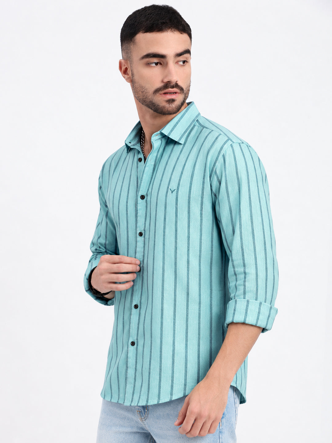 Men’s Vertical Striped Blue Slim Fit Long Sleeves Shirt