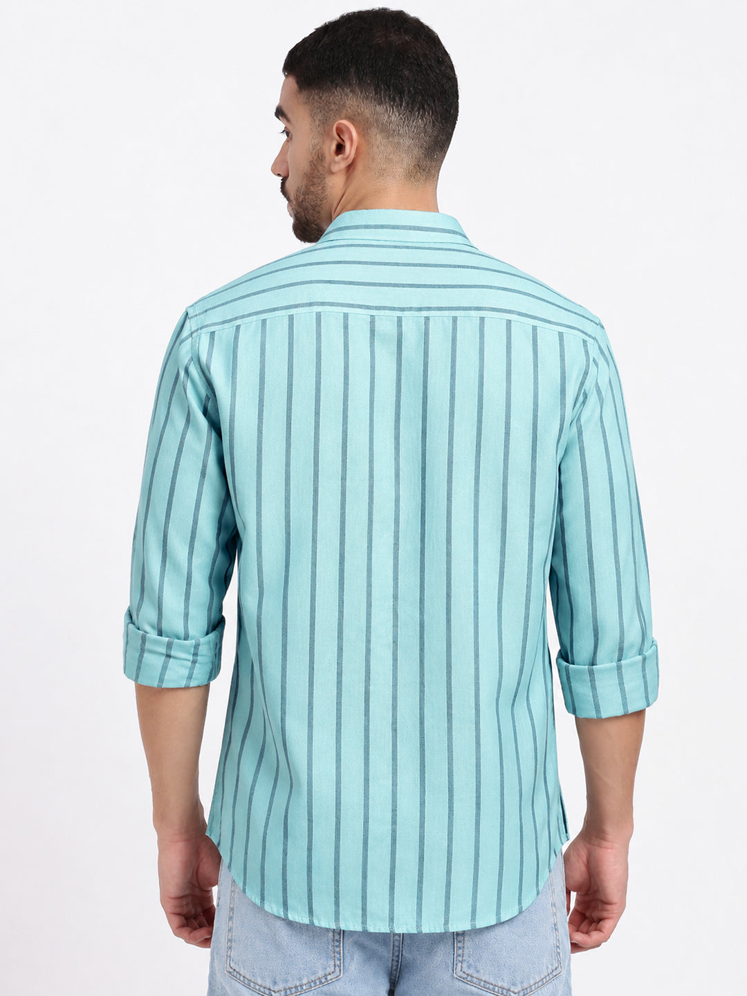 Men’s Vertical Striped Blue Slim Fit Long Sleeves Shirt