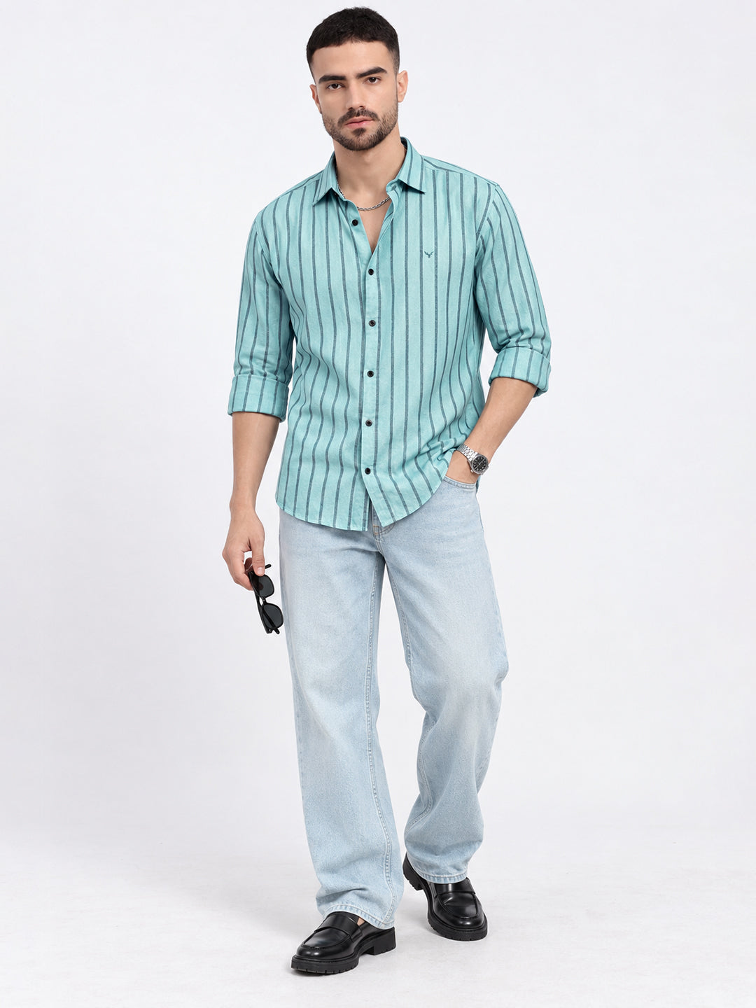 Men’s Vertical Striped Blue Slim Fit Long Sleeves Shirt