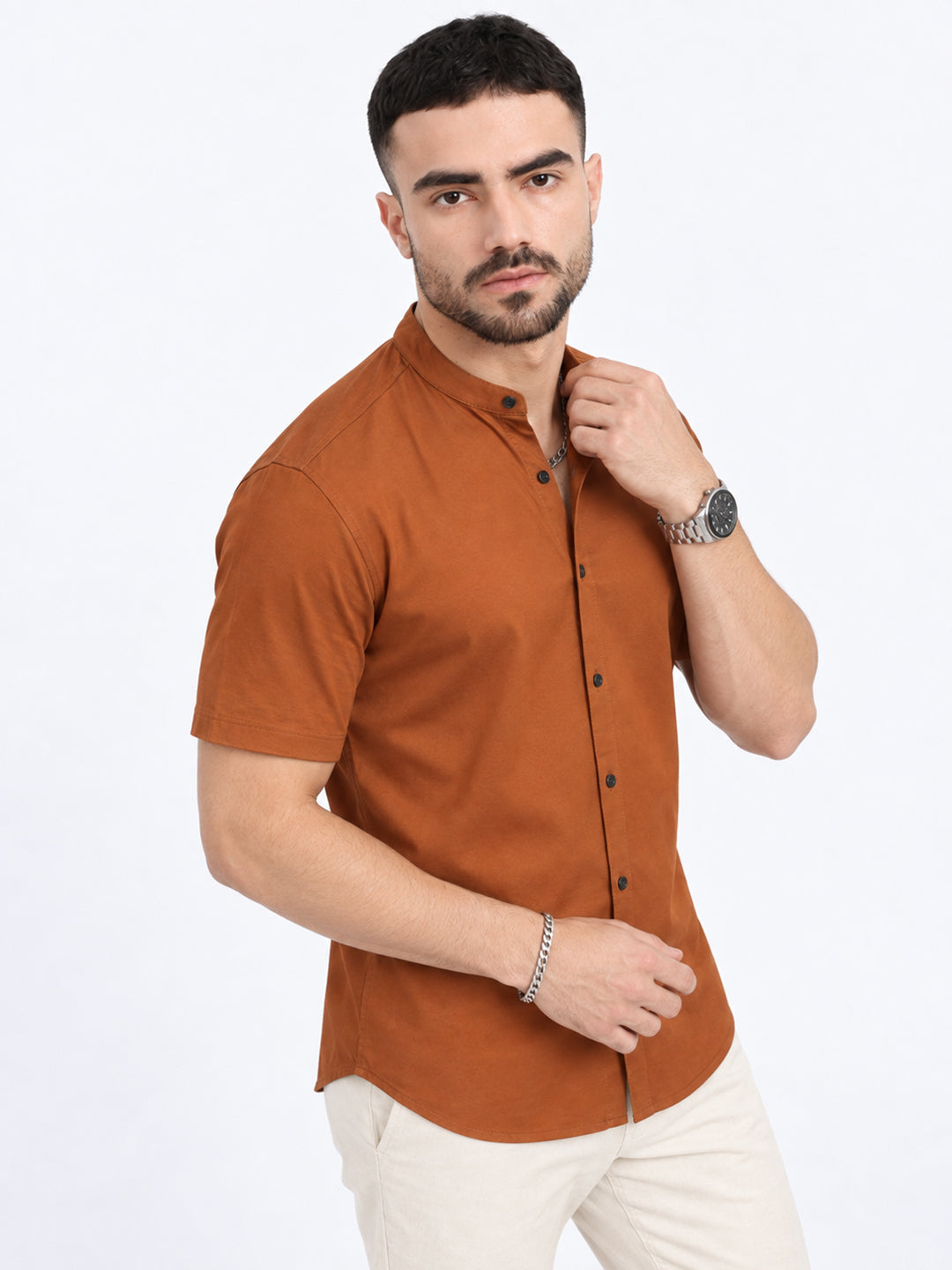 Men’s Brown Slim Fit Mandarin Collar Short Sleeves Casual Shirt