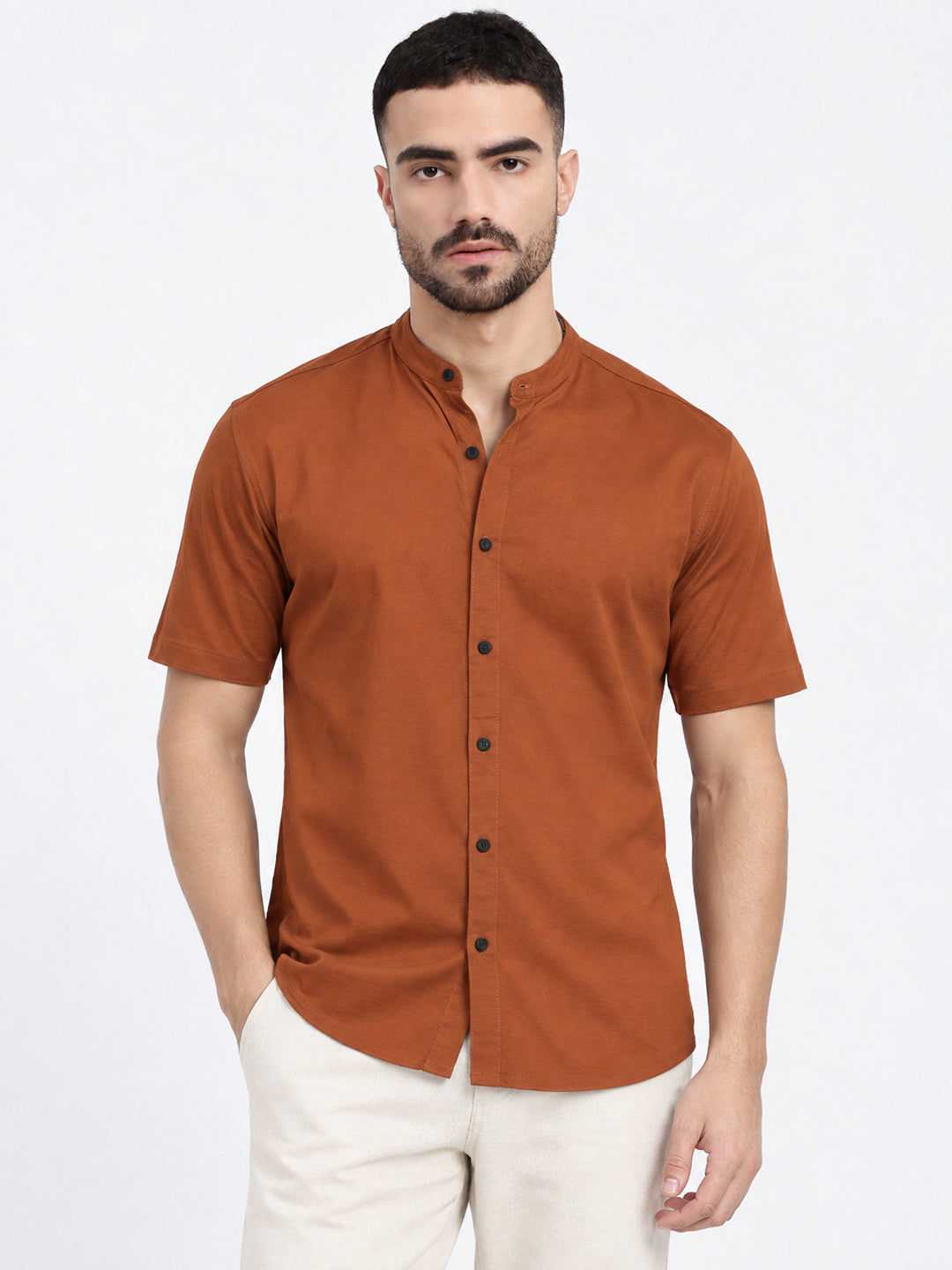 Men’s Brown Slim Fit Mandarin Collar Short Sleeves Casual Shirt