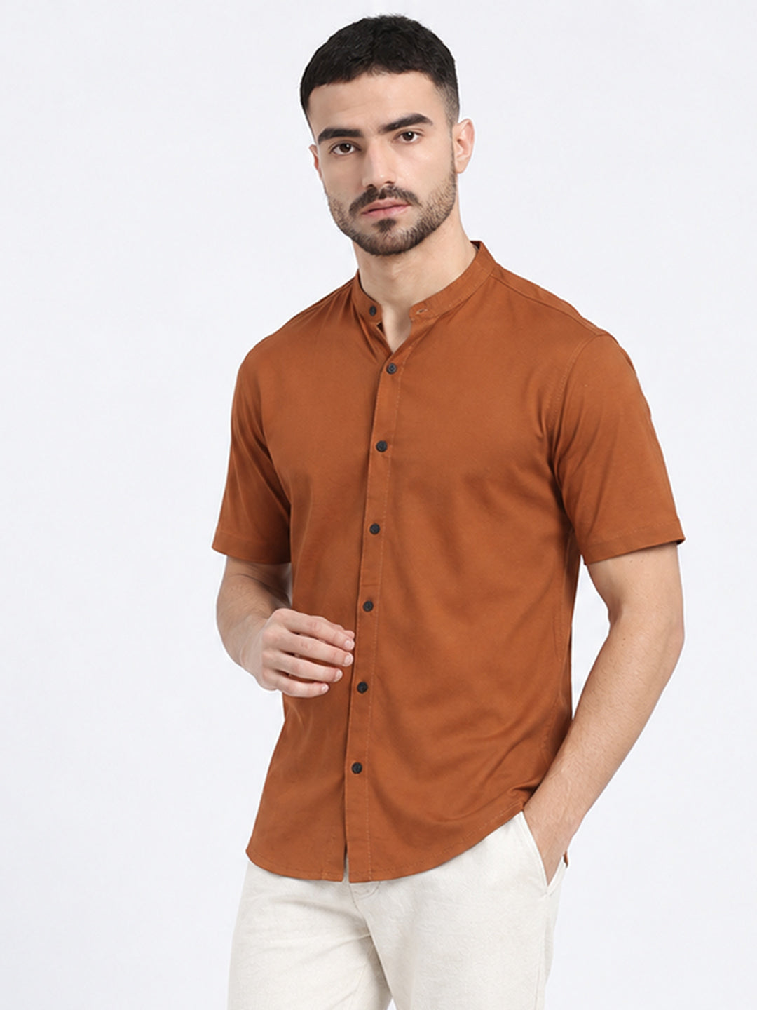 Men’s Brown Slim Fit Mandarin Collar Short Sleeves Casual Shirt