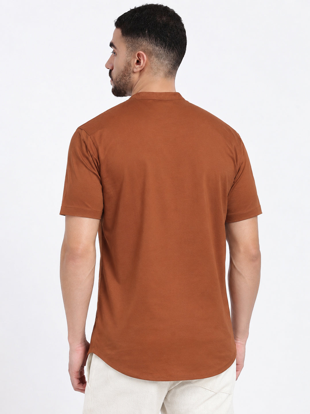 Men’s Brown Slim Fit Mandarin Collar Short Sleeves Casual Shirt
