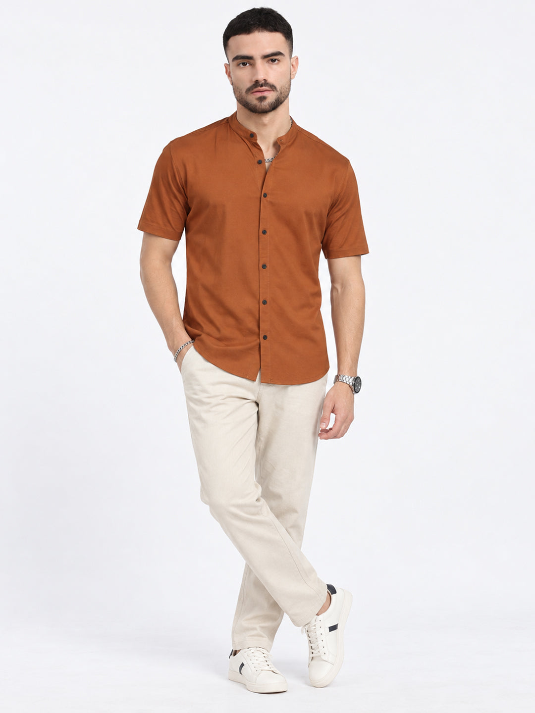 Men’s Brown Slim Fit Mandarin Collar Short Sleeves Casual Shirt