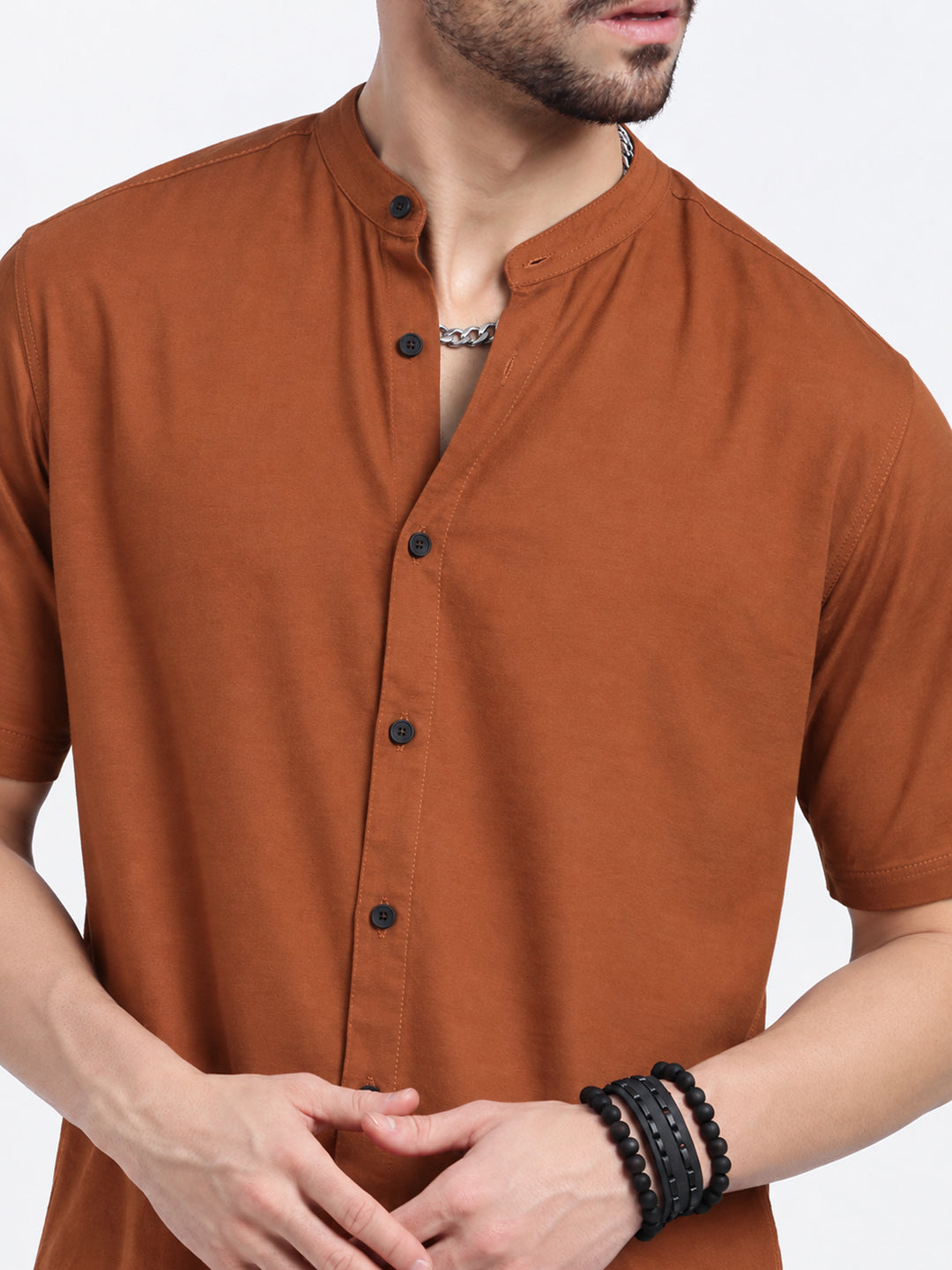 Men’s Brown Slim Fit Mandarin Collar Short Sleeves Casual Shirt