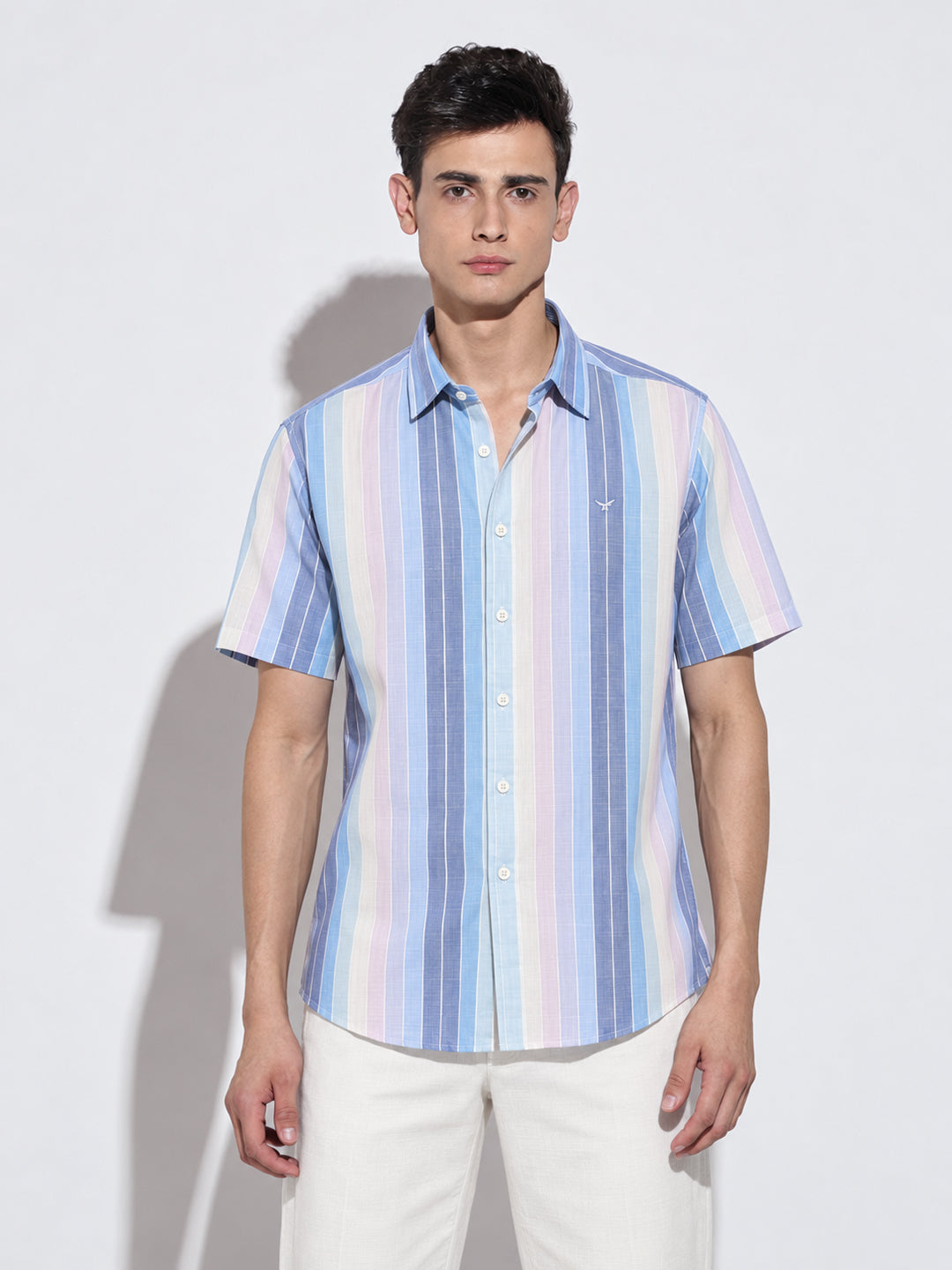 Men’s Vertical Striped Blue Short Sleeves Casual Shirt