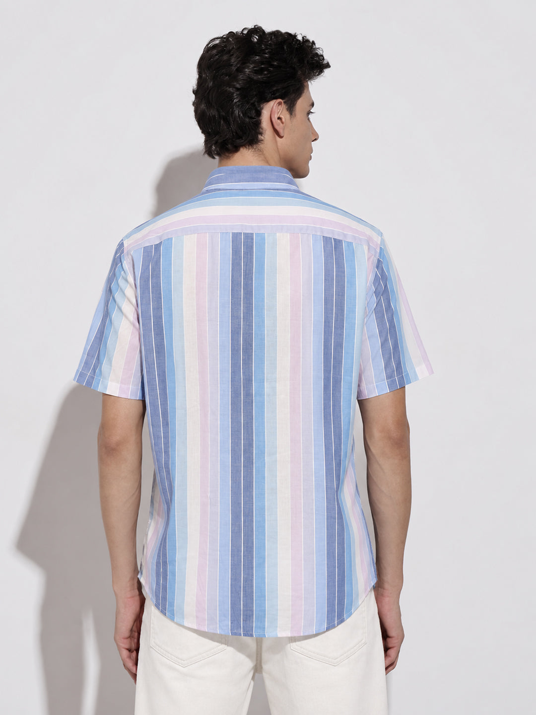 Men’s Vertical Striped Blue Short Sleeves Casual Shirt